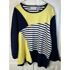 Alfred Dunner Sweater Women's 2X Navy and Yellow Long Sleeves Rhinestone Accents
